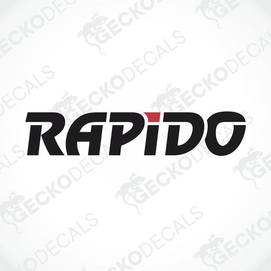 A black, red, and white die cut decal with the word 'RAPIDO' displayed.