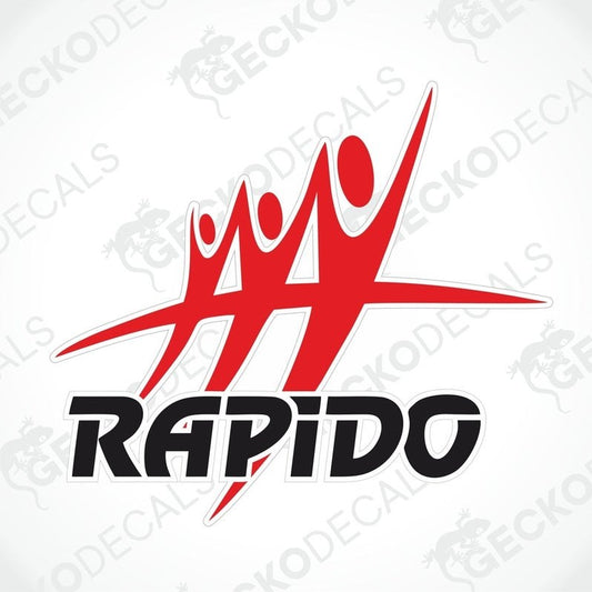 Red RAPIDO die-cut decal with stylized figures and star design on transfer paper