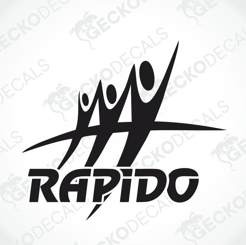 A black and white die cut decal with the word 'RAPIDO' displayed.
