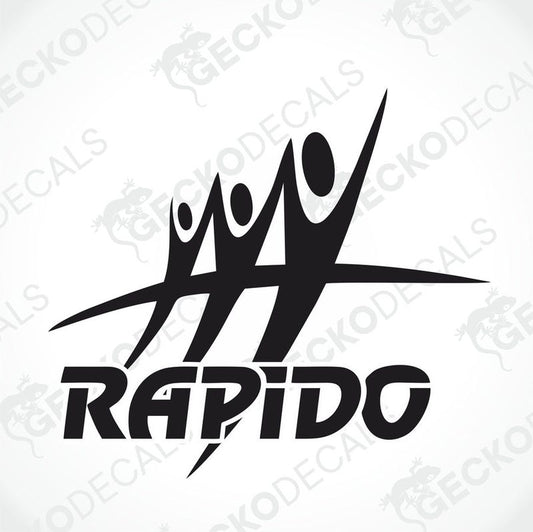 A black and white die cut decal with the word 'RAPIDO' displayed.