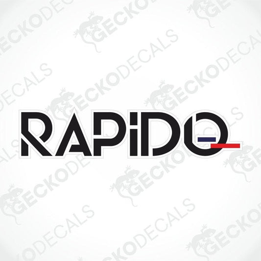 A die cut decal with the word 'RAPIDO' in black and red on a white background, with the Gecko Decals logo at the bottom.
