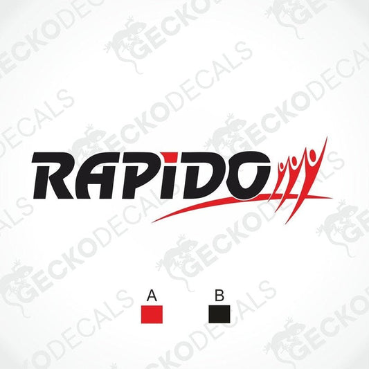 A die cut decal of the RAPIDO brand logo with a black, red, and white color scheme, displayed on a white background. The logo is stylized in a bold font, and the decal has a Gecko Decals watermark.