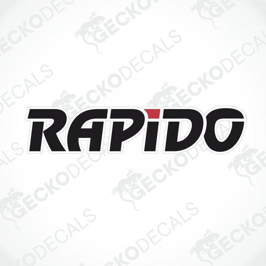 A die cut decal with the word 'RAPIDO' in black and red on a white background, with the Gecko Decals logo at the bottom.