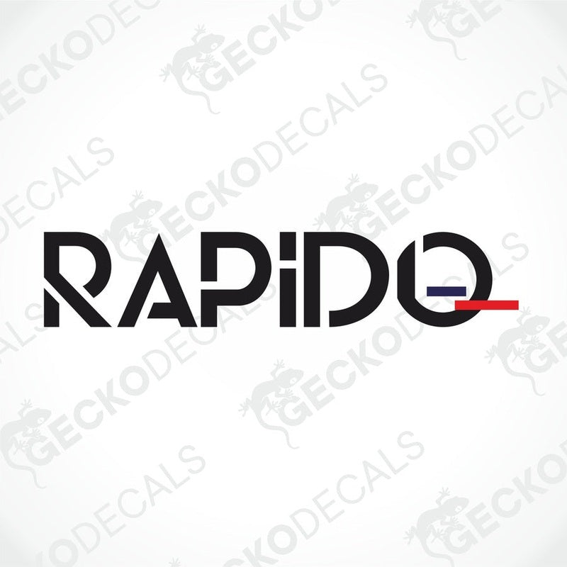 A black and white die cut decal with the word 'RAPIDO' displayed.