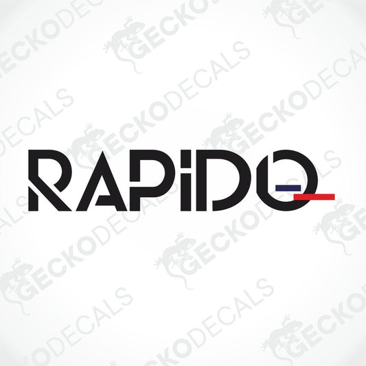 A black and white die cut decal with the word 'RAPIDO' displayed.