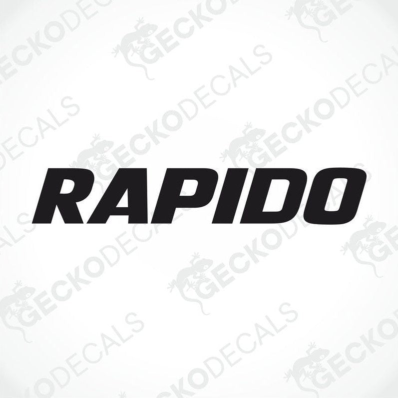 A black and white die cut decal with the word 'RAPIDO' displayed.