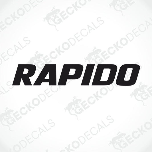 A black and white die cut decal with the word 'RAPIDO' displayed.
