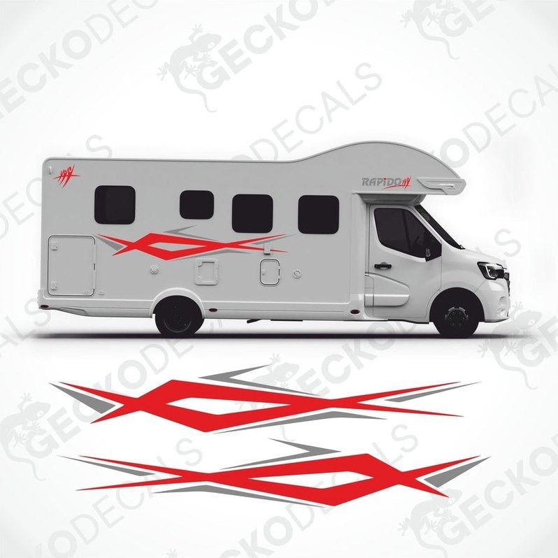 A white caravan with red and black decals featuring the RAPIDO brand logo and text.