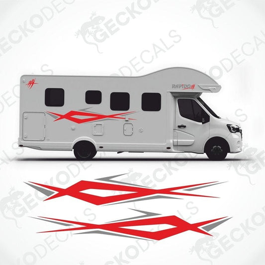 A white caravan with red and black decals featuring the RAPIDO brand logo and text.