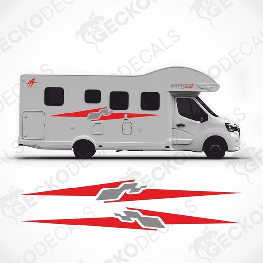 A white caravan with red and grey decals featuring the RAPIDO brand logo and text.
