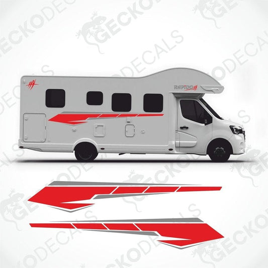 A white caravan with red and grey decals featuring the RAPIDO brand logo and text.