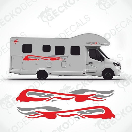 A white caravan with red and grey RAPIDO brand decals. The image shows the caravan from multiple angles with a set of decals displayed above.