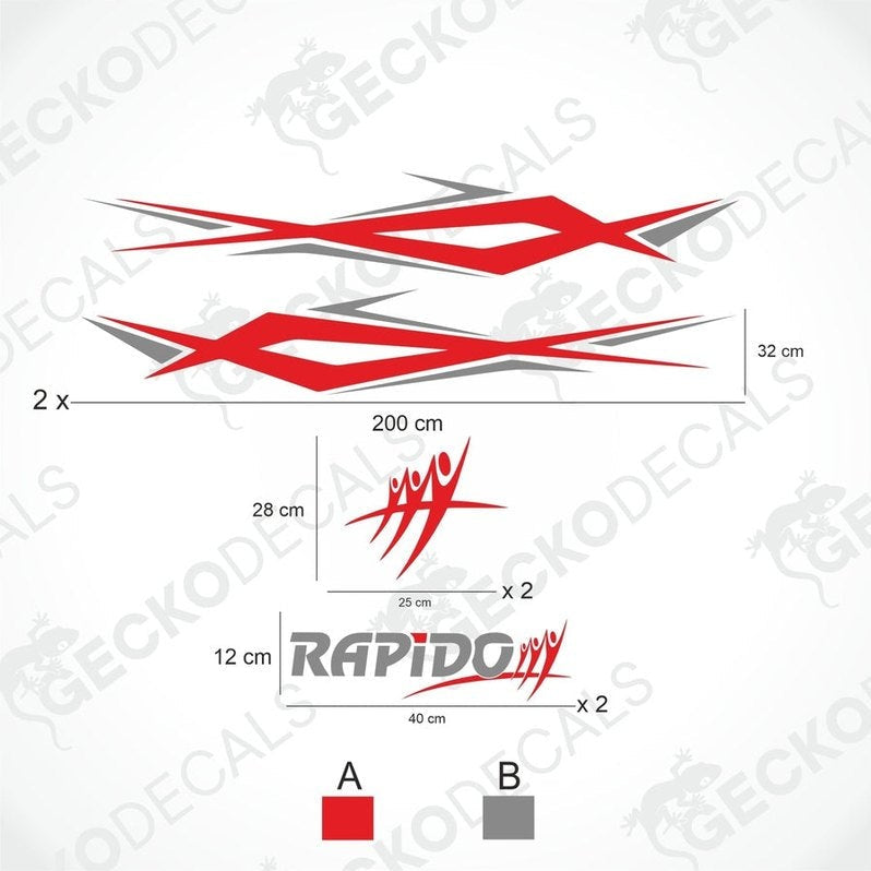 A white caravan with red and black decals featuring the RAPIDO brand logo and text.