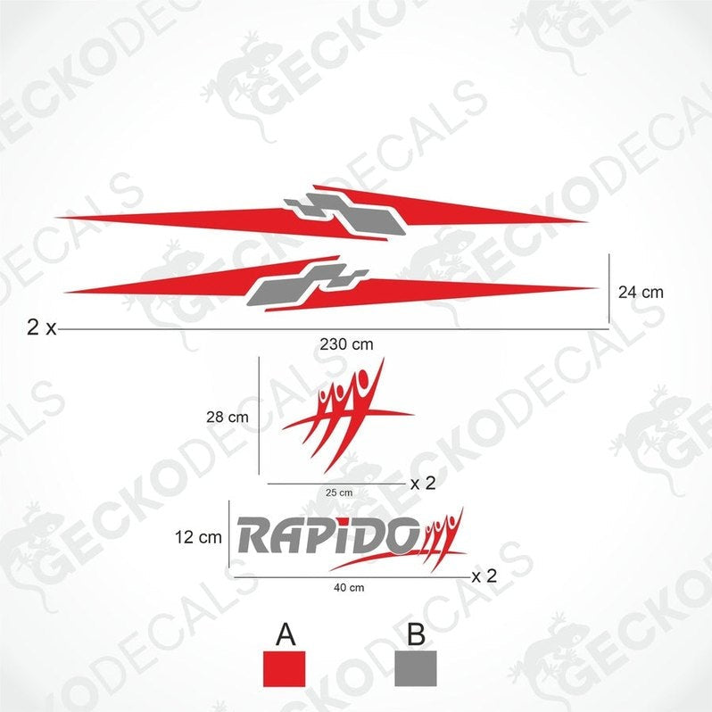 A white caravan with red and grey decals featuring the RAPIDO brand logo and text.