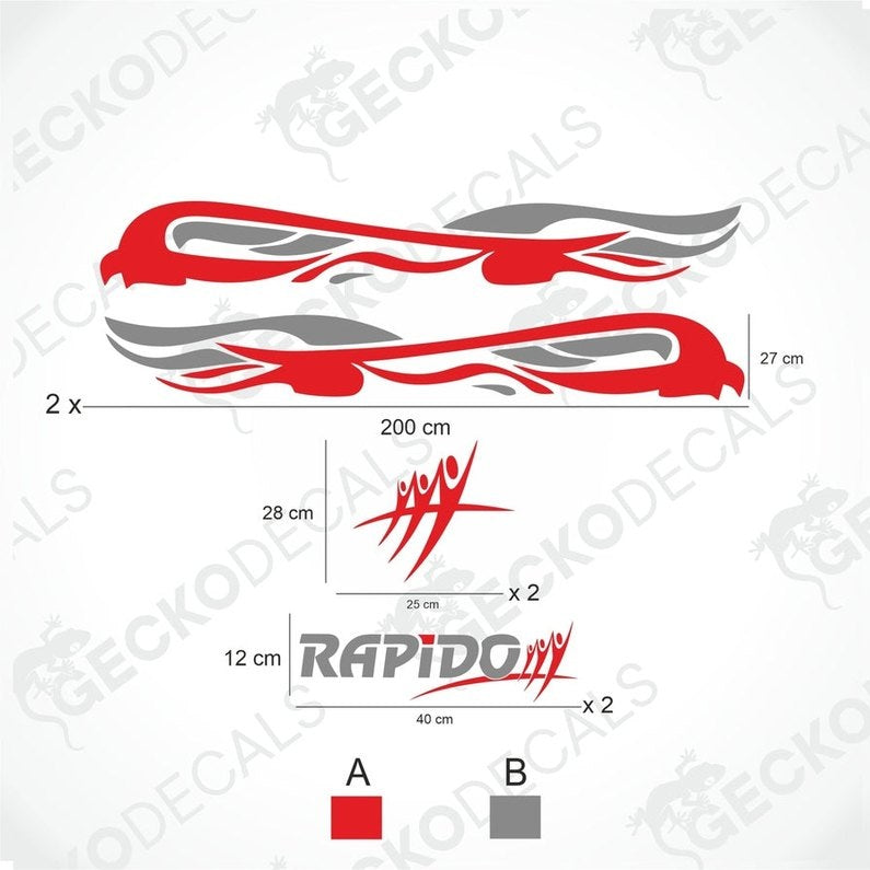 A white caravan with red and grey RAPIDO brand decals. The image shows the caravan from multiple angles with a set of decals displayed above.