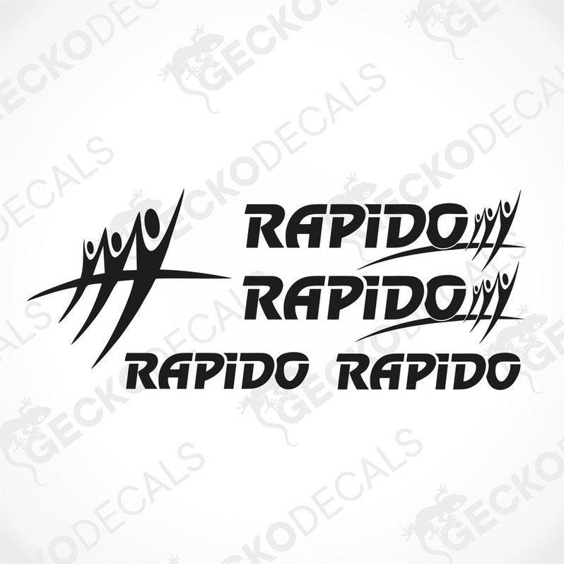 A set of white vehicle decals with the word 'RAPIDO' and a graphic element resembling a horse's head and neck.