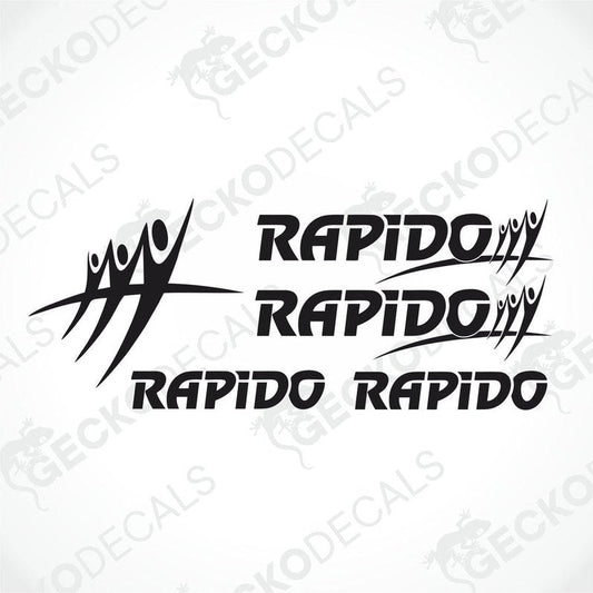 A set of white vehicle decals with the word 'RAPIDO' and a graphic element resembling a horse's head and neck.