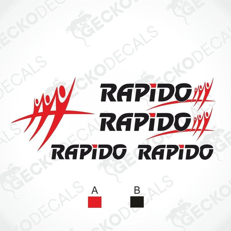 A set of 'RAPIDO' branded decals in various sizes with a black, red, and white color scheme, displayed on a white background.