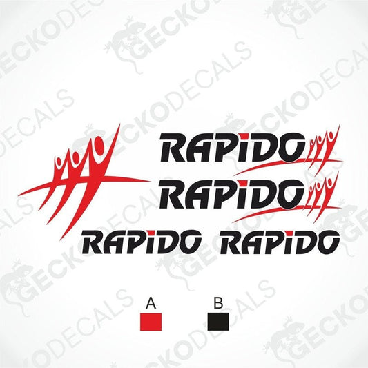 A set of 'RAPIDO' branded decals in various sizes with a black, red, and white color scheme, displayed on a white background.