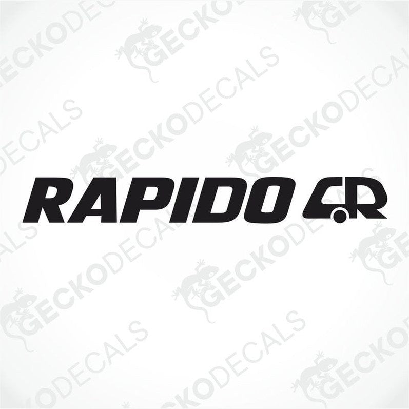 A black and white die cut decal with the word 'RAPIDO' displayed.
