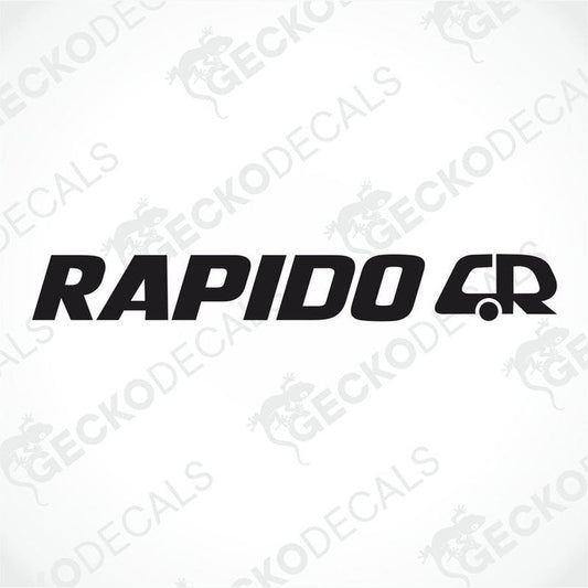 A black and white die cut decal with the word 'RAPIDO' displayed.