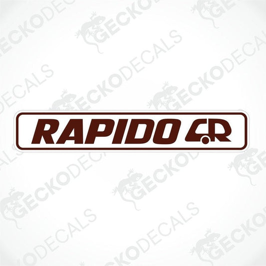 A decal with the brand name RAPIDO printed in brown color over a white background, with the letter 'R' in brown and the horse graphic in white.