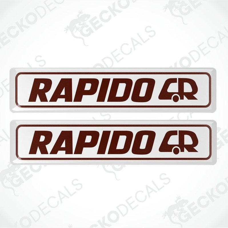 Two-pack brown and white RAPIDO CR epoxy caravan decals with domed finish