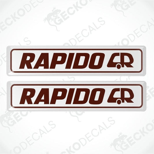 Two-pack brown and white RAPIDO CR epoxy caravan decals with domed finish