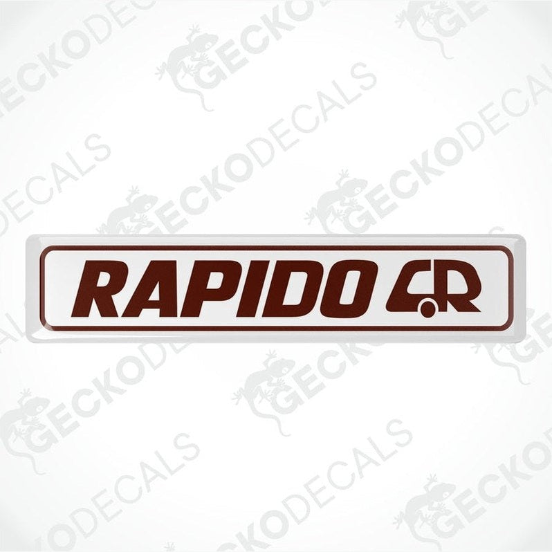 Single brown and white RAPIDO CR epoxy caravan decal with domed finish