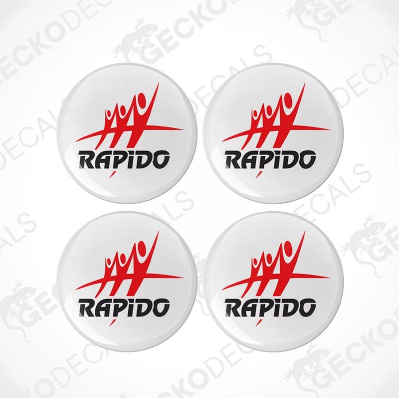 A set of four white vinyl decals with the red and black RAPIDO brand logo applied on top.