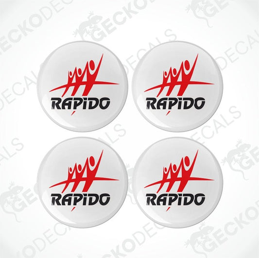A set of four white vinyl decals with the red and black RAPIDO brand logo applied on top.