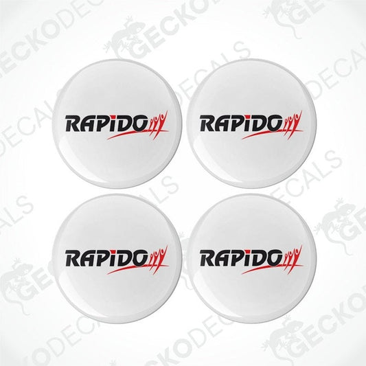 Four white vinyl decals with the word 'RAPIDO' and 'RAPIDO CARAVANS' printed in red and black.