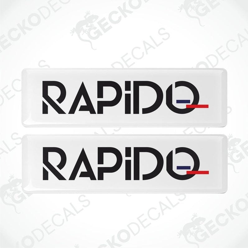 Two white vinyl decals with the word 'RAPIDO' in black and a small red accent on the top of each decal.