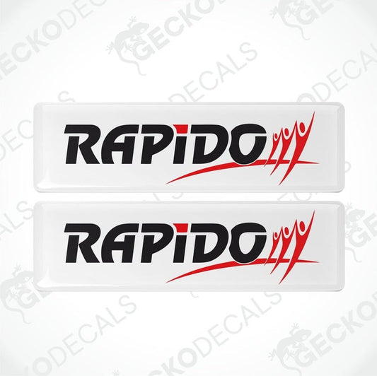 Two white vinyl stickers with the word 'RAPIDO' and a red and black design.