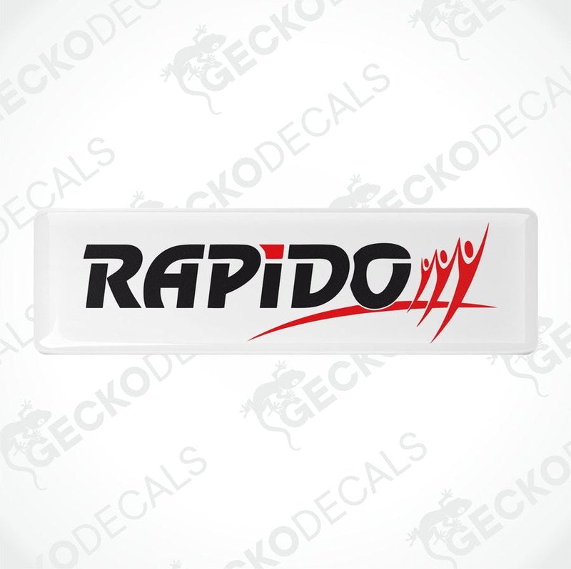 Two white vinyl stickers with the word 'RAPIDO' and a red and black design.