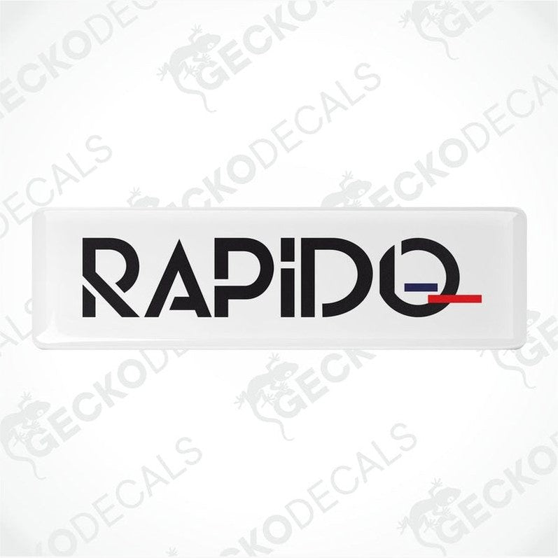 Two white vinyl decals with the word 'RAPIDO' in black and a small red accent on the top of each decal.