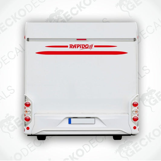 White caravan with a red, black, and white 'RAPIDO' brand decal on the rear side.
