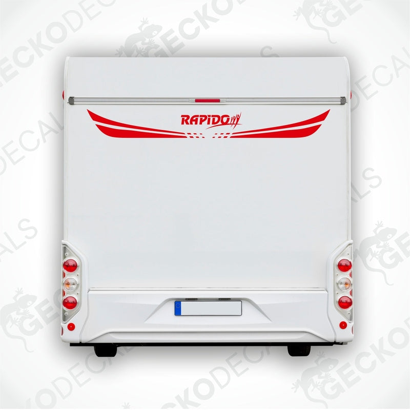 Rear decal of a white caravan with the brand name 'RAPIDO' and decorative elements in red.