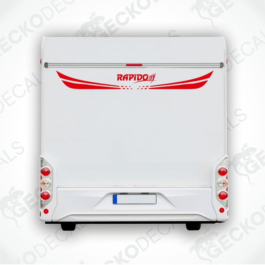 Rear decal of a white caravan with the brand name 'RAPIDO' and decorative elements in red.