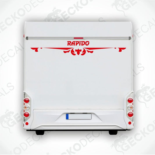 A white caravan with a red and black 'RAPIDO' decal on the rear side.