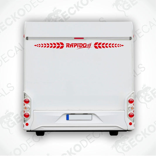 Red RAPIDO caravan rear decal with leaf motifs applied to white vehicle