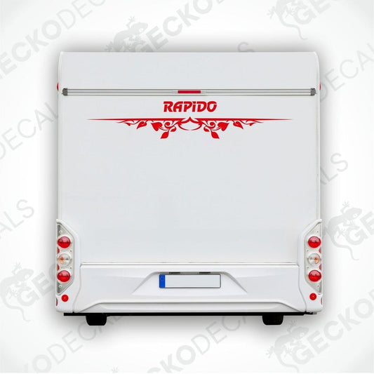 Rear decal of a white caravan with the brand name 'RAPIDO' in red and black.