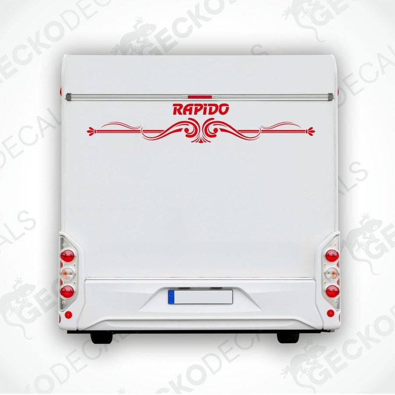 Rear decal of a white caravan with the brand name 'RAPIDO' in a decorative red and white design.
