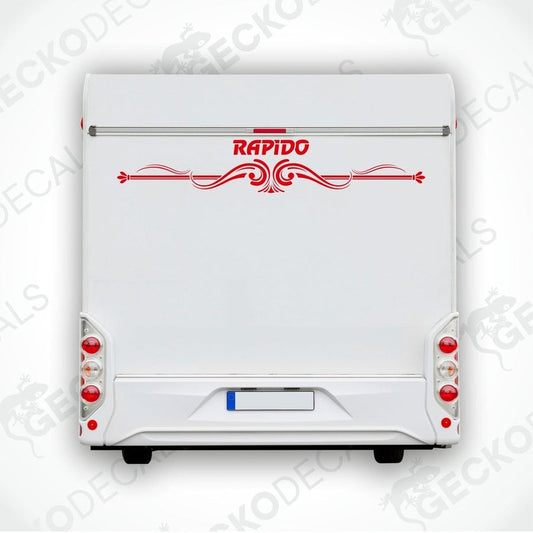 Rear decal of a white caravan with the brand name 'RAPIDO' in a decorative red and white design.