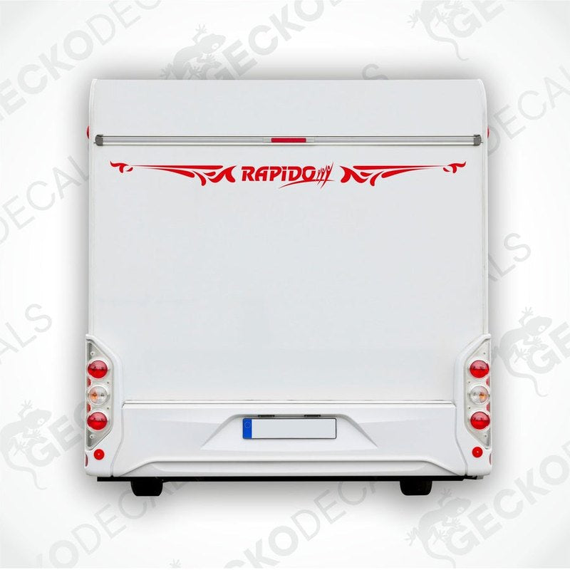 Rear decal of a white caravan with the brand name 'RAPIDO' and decorative elements in red.