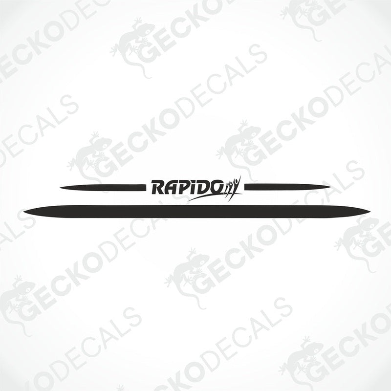 Rear decal of a white caravan with the brand name 'RAPIDO' and decorative elements in red.