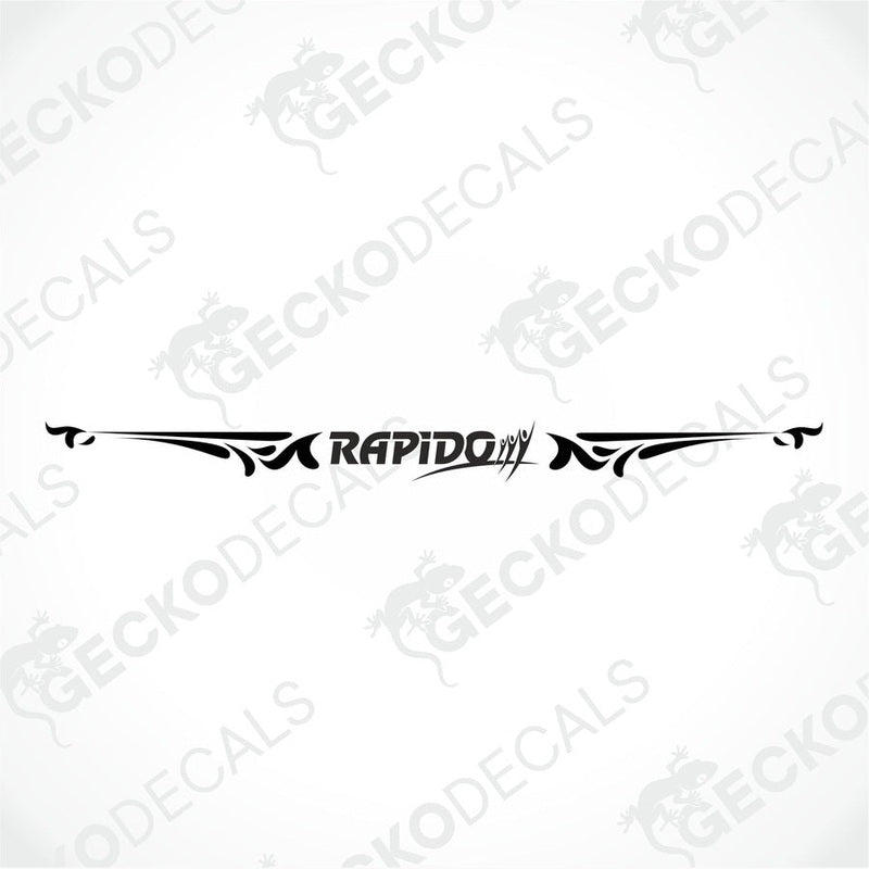 Rear decal of a white caravan with the brand name 'RAPIDO' and decorative elements in red.