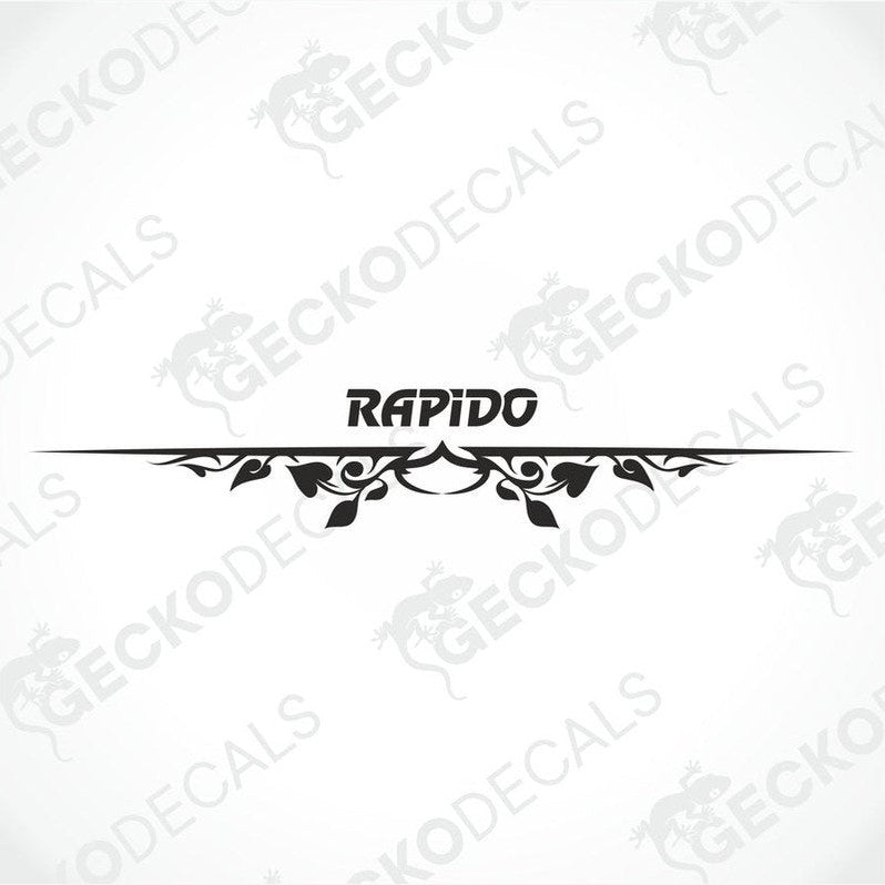 Rear decal of a white caravan with the brand name 'RAPIDO' in red and black.