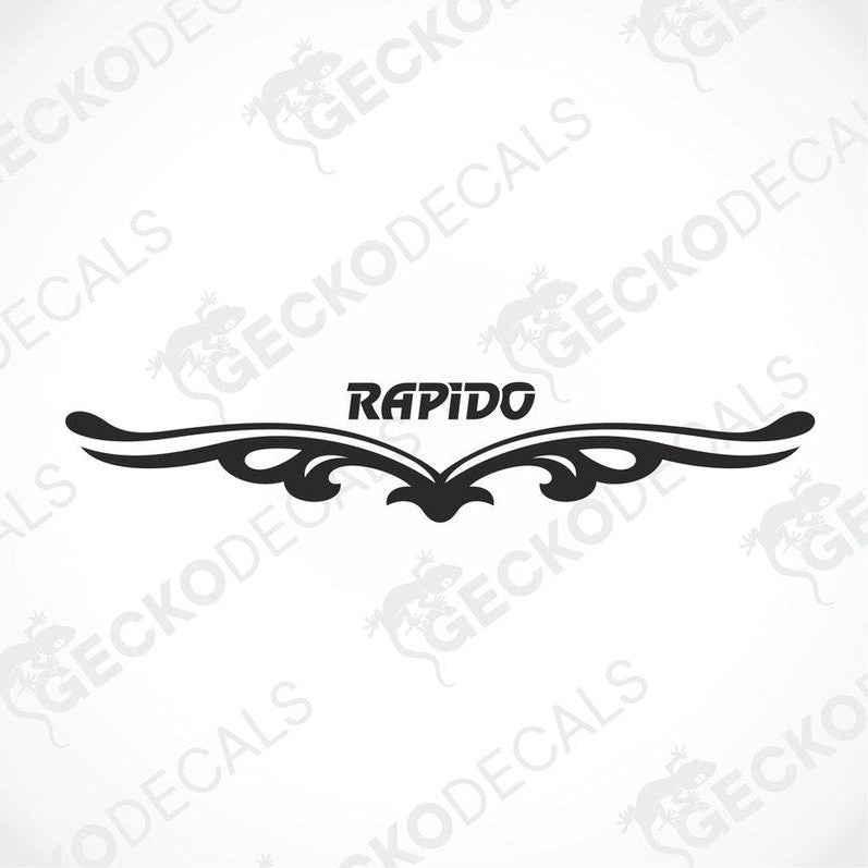 Rear decal of a white caravan with the brand name 'RAPIDO' in red and black.