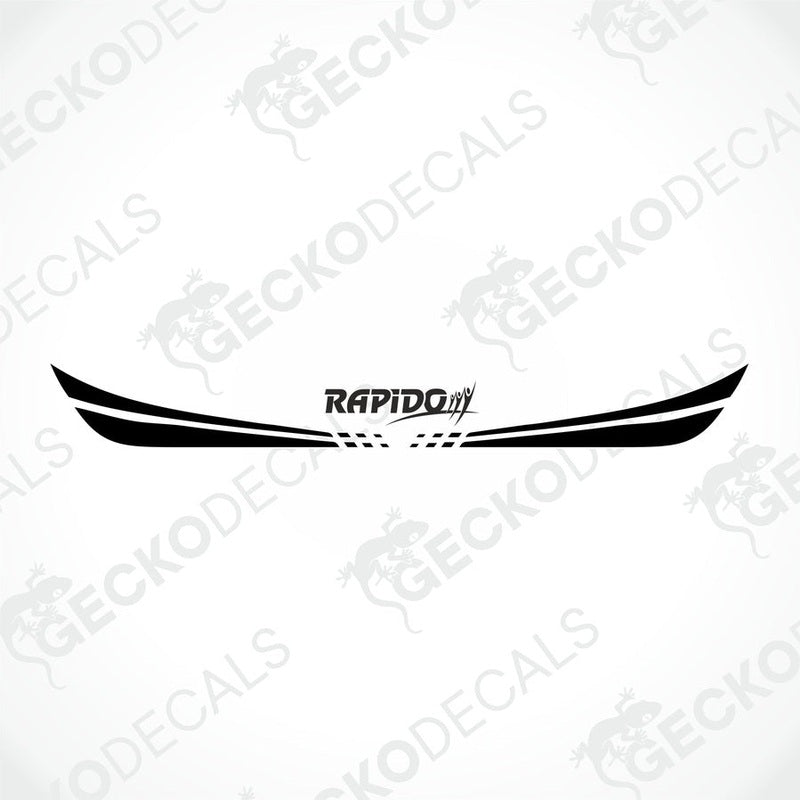 Rear decal of a white caravan with the brand name 'RAPIDO' and decorative elements in red.